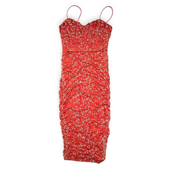 HELLO MOLLY Women’s Red Floral Ruched Bodycon Midi Dress “How Low Can You Go” Si - Picture 3 of 7